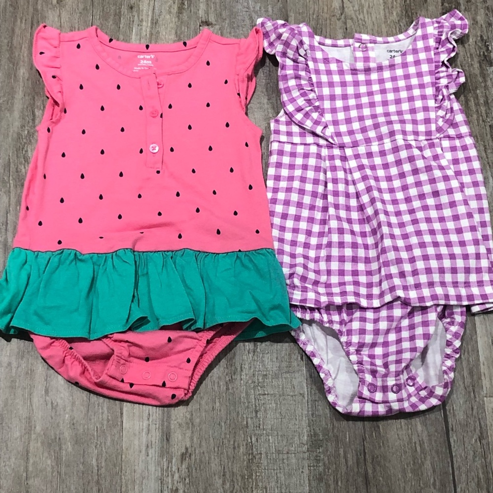 2 Carter’s Onesies With Ruffles Watermelon Pattern and Purple Gingham 24 Months - Picture 1 of 8